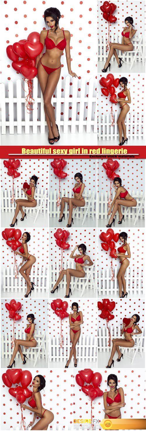 Beautiful sexy girl in red lingerie posing with balloons, Valentine’s day
