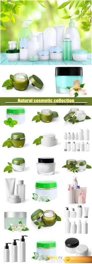 Natural cosmetic, collection of various beauty hygiene containers on white background