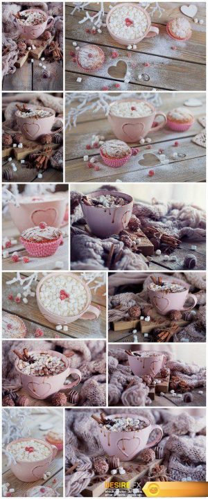 Tasty cupcake with berries and cup of coffee,Christmas or New Year composition 12X JPEG