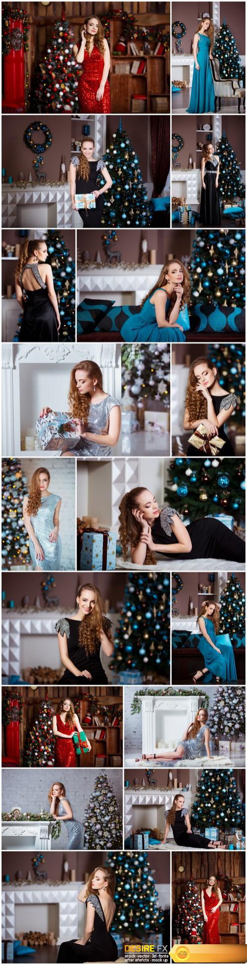 Young woman in elegant dress over christmas interior background – 18xUHQ JPEG