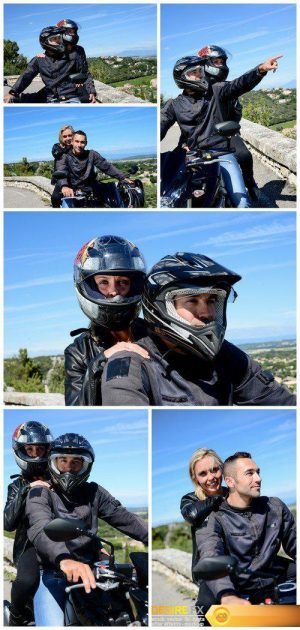 Happy young biker couple riding their motorcycle in summer 6X JPEG