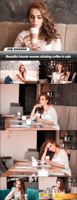 Beautiful blonde woman drinking coffee in cafe – 7 UHQ JPEG
