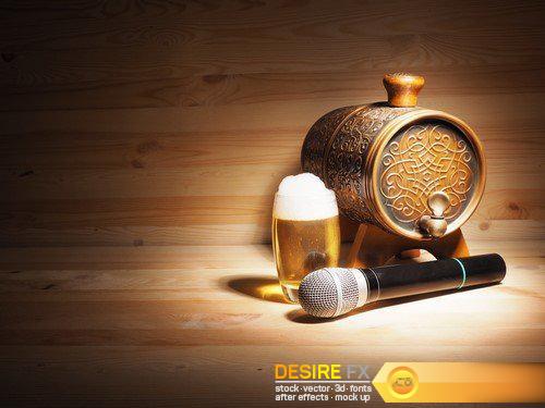 Barrel and glass of beer, microphone on wooden background Concept karaoke 10X JPEG