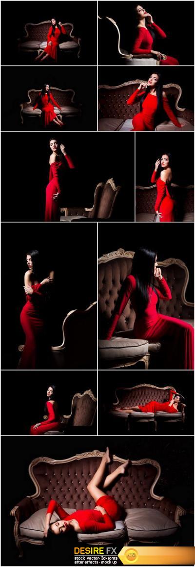 Elegant woman in red dress in darkness – Female in dramatic light, Set of 13xUHQ JPEG Professional Stock Images