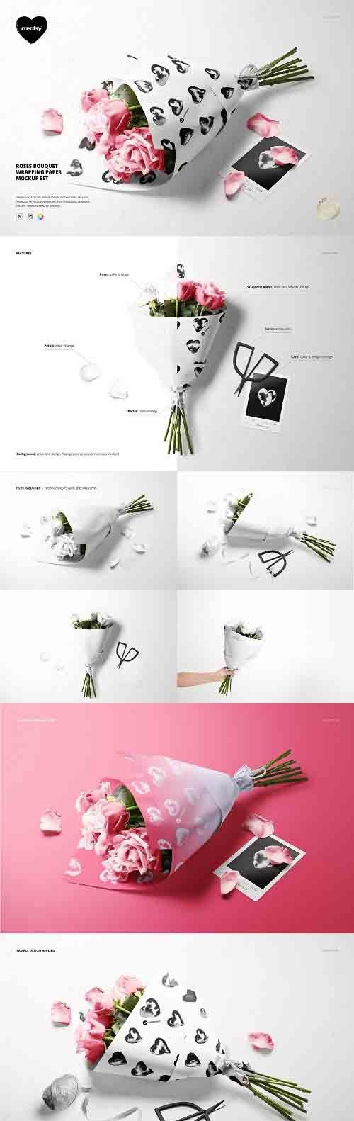 CreativeMarket - Roses Bouquet Wrapping Paper Mockup 5884381