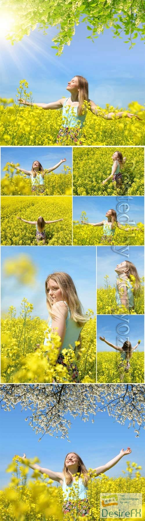 Girl in a field with yellow flowers stock photo