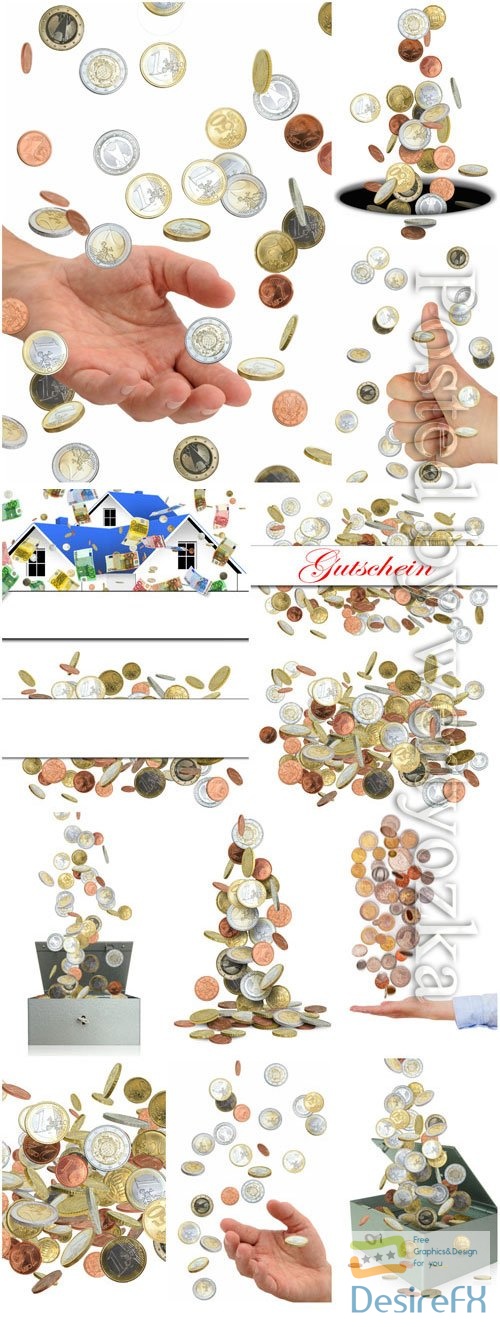 Scattering of coins, money in hands stock photo