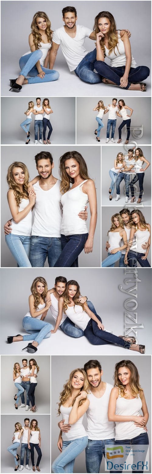 Stylish men and women in jeans and white t-shirts stock photo