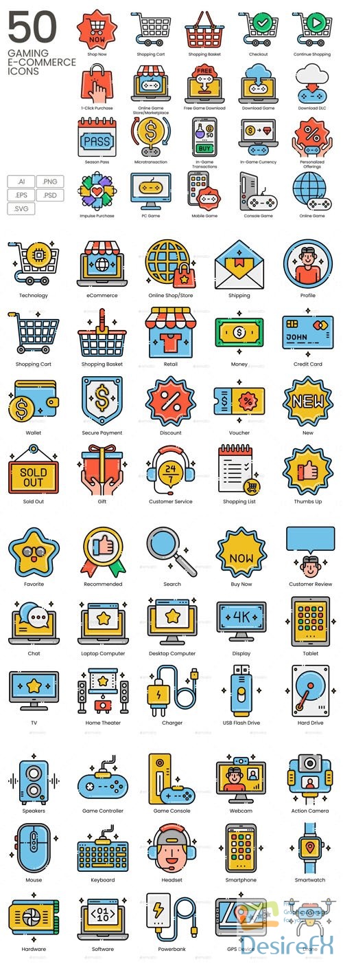50 Gaming &amp; Technology E-commerce Icons in Vector