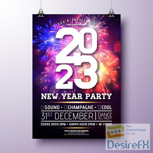 Download 2023 new year party celebration poster illustration with  typography design and firework background 