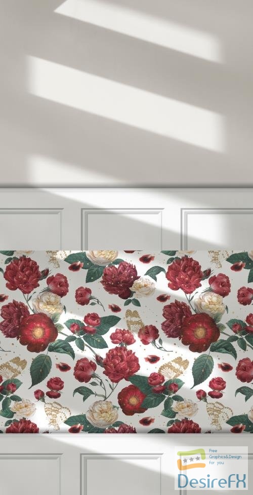 Adobestock - Red Roses Pattern Wallpaper Mockup 434372157