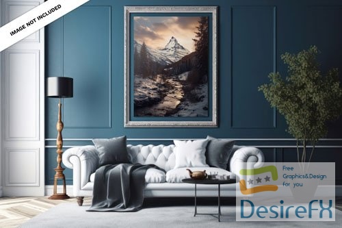 PSD a portrait canvas mockup in a blue elegant living room
