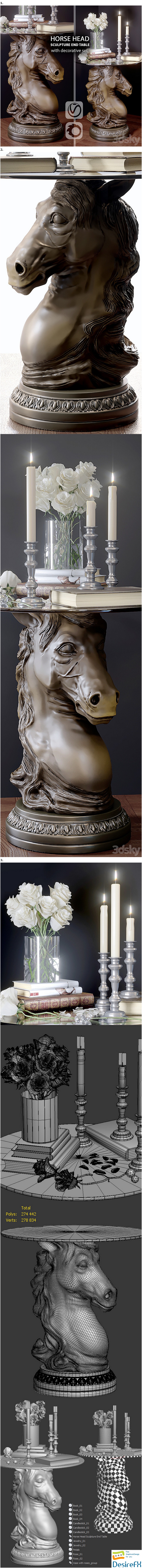 Horse Head Sculpture End Table and decorative set 3D Model
