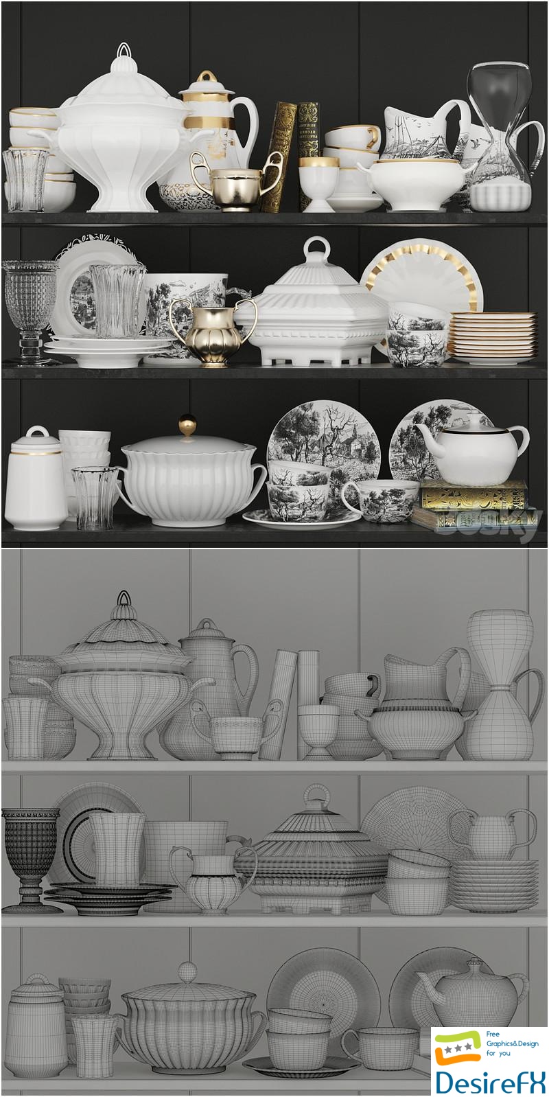Set of dishes for the kitchen with porcelain and gold 2 3D Model