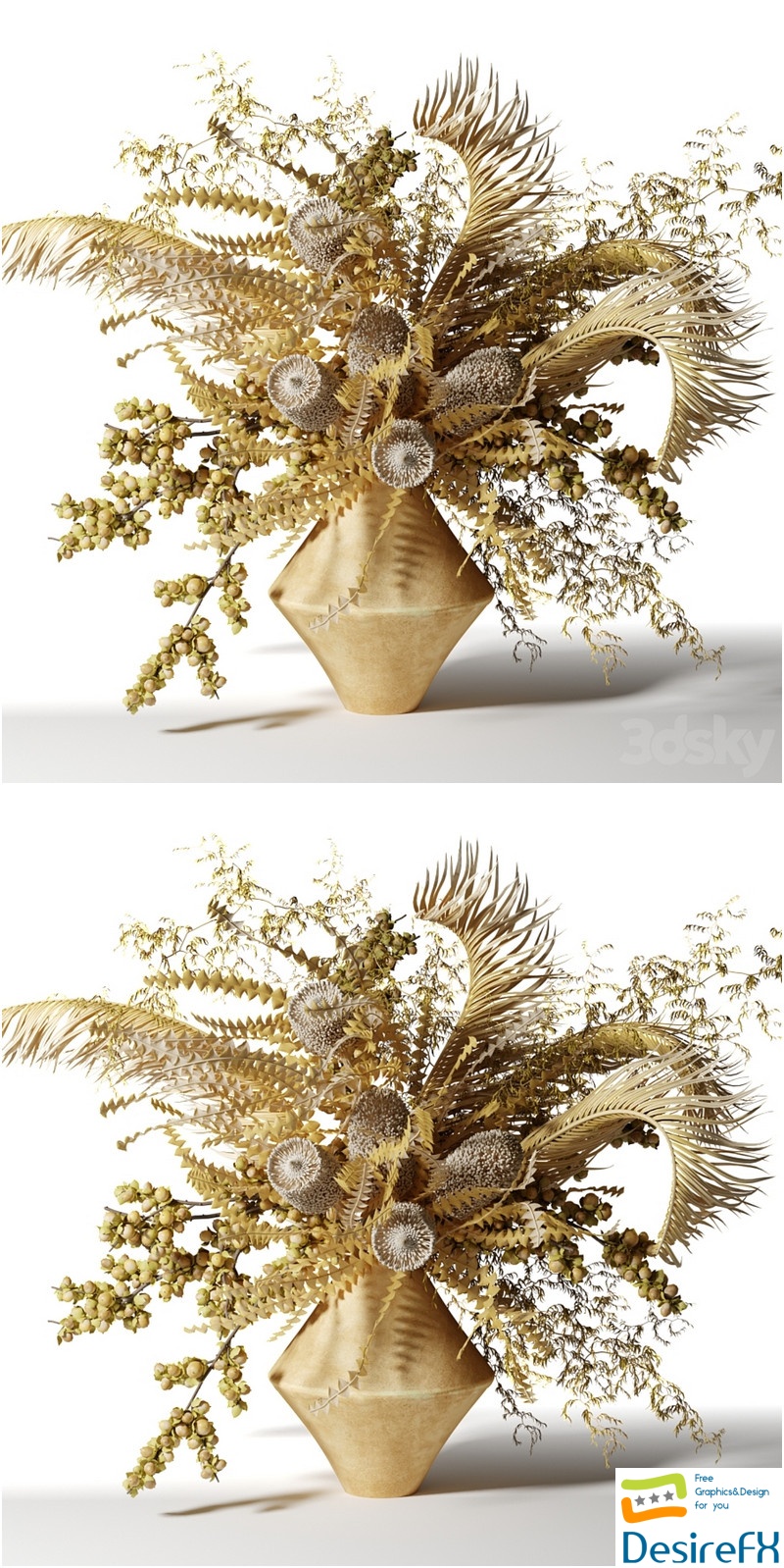 Bouquet of dried flowers with palm leaves, bankxia and walnut branches 3D Model