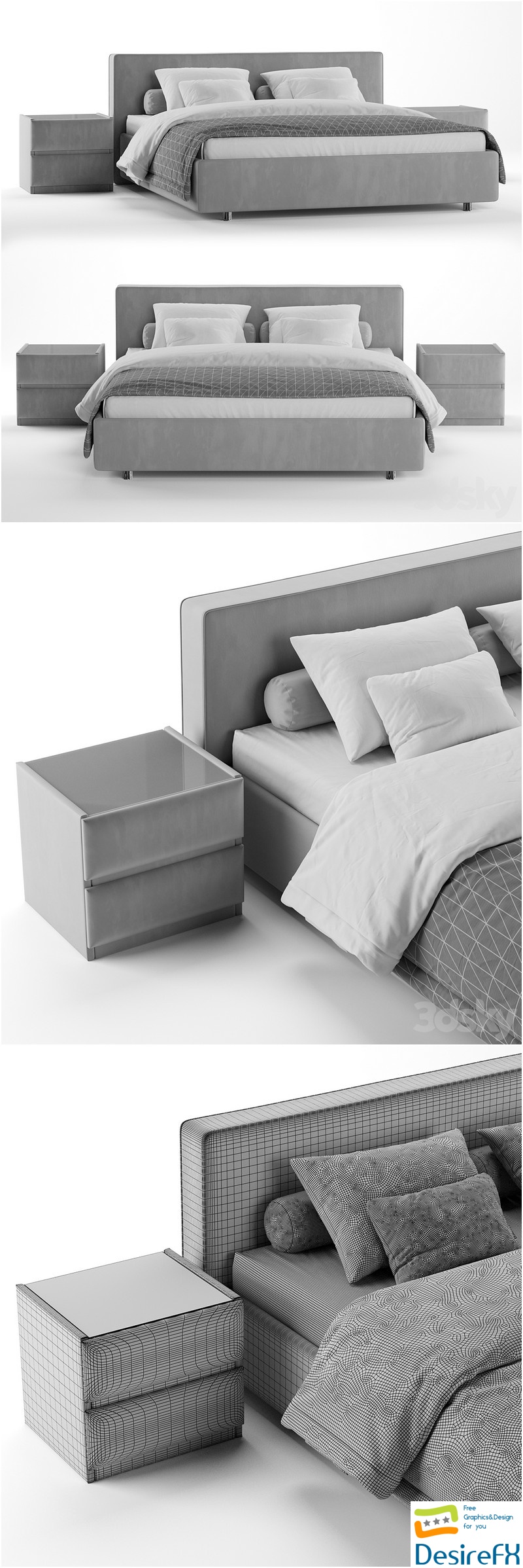Luiza Grand bed with Oscar side tables 3D Model